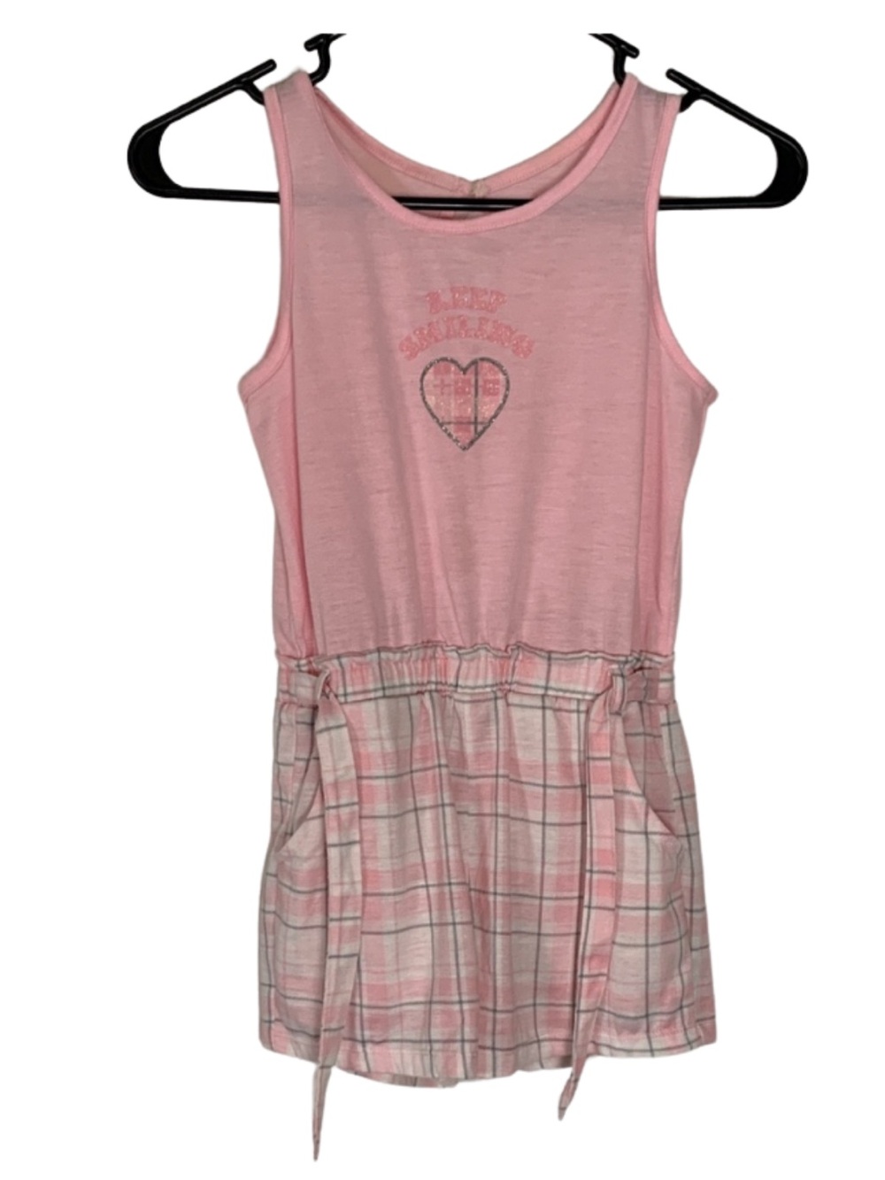 Sweet Butterfly Pink Heart Kids Plaid Romper with Attached Belt Size S 7/8 Boho